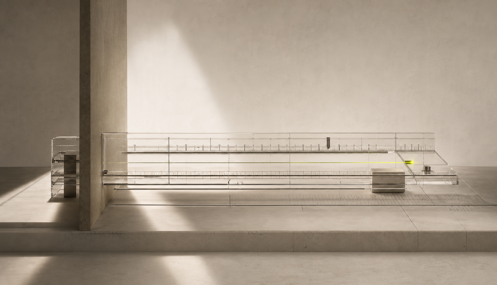 An EPVANTA brand installation made from transparent measurement rails, calibrated marks, and a live signal